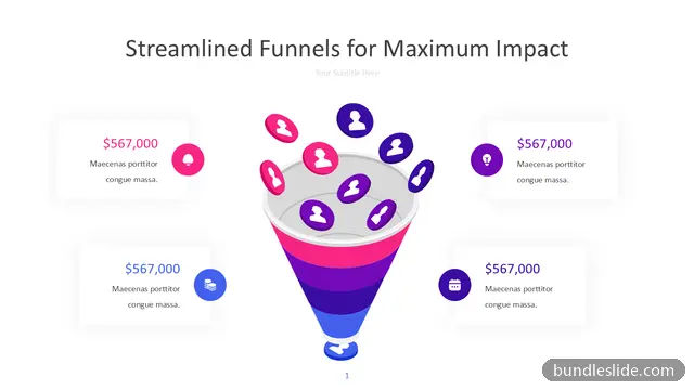 Funnel PPT template with 4 items in pink, sales funnel, conversion - editable PowerPoint slide
