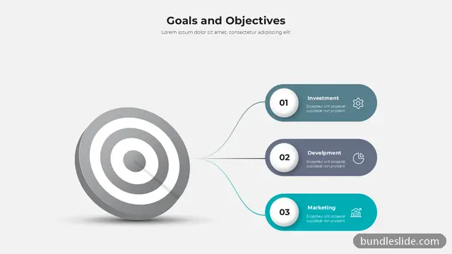 Business Plan PPT template with 3 items in gray, goals and objectives, target icon - editable PowerPoint slide