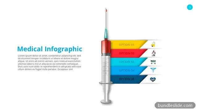 Mockup & Illustration PPT template with 5 items in white, syringe, medical - editable PowerPoint slide