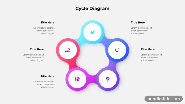 5 Stage Cycle PPT template with 5 items in cyan, cycle diagram, five circles - editable PowerPoint slide