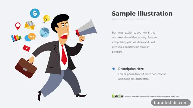 Mockup & Illustration PPT template in light gray, businessman illustration, megaphone - editable PowerPoint slide