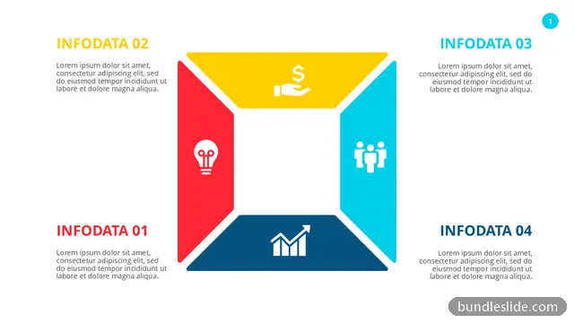 4 Stage Cycle PPT template with 4 items in yellow, four quadrants, central diagram - editable PowerPoint slide