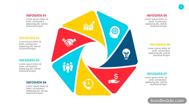 7 Step Process PPT template with 7 items in red, pinwheel diagram, 7 segments - editable PowerPoint slide