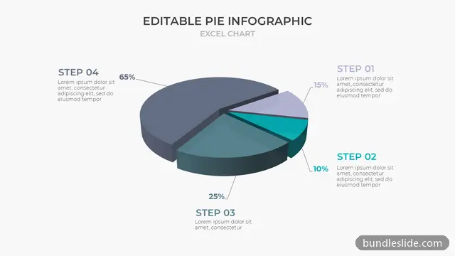 4 Level Pyramid PPT template with 4 items in dark slate gray, 3D pie chart, percentage breakdown - editable PowerPoint slide