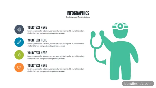 Healthcare PPT template with 4 items in white, healthcare icons, doctor illustration - editable PowerPoint slide