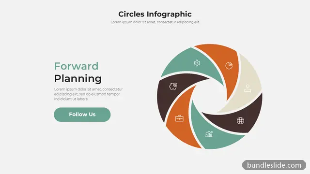 6 Stage Cycle PPT template with 6 items in teal, pinwheel diagram, circular infographic - editable PowerPoint slide