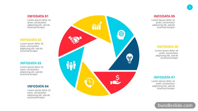 7 Step Process PPT template with 7 items in red, segmented wheel, 7 segments - editable PowerPoint slide