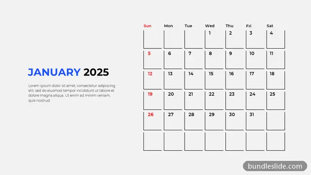 Calendar PPT template with 31 items in white, calendar, January 2025 - editable PowerPoint slide