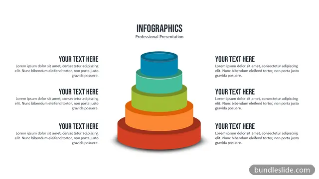 Funnel PPT template with 5 items in blue, 3D pyramid, layered tiers - editable PowerPoint slide