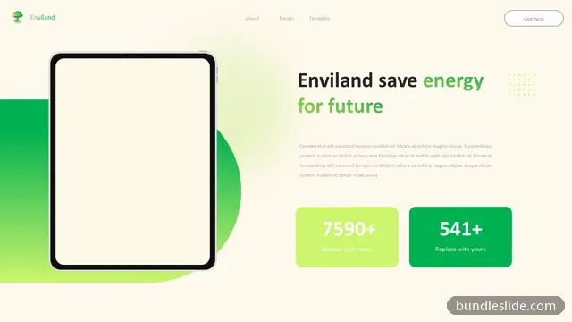 Sustainability PPT template with 2 items in green, landing page, tablet mockup - editable PowerPoint slide