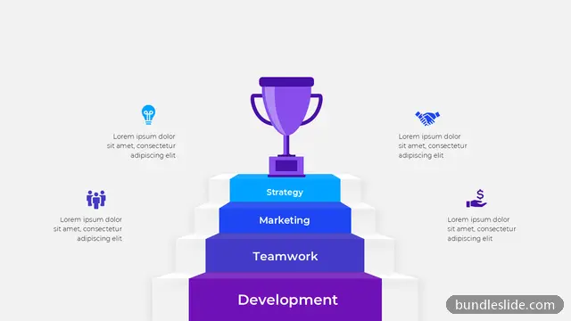 4 Level Pyramid PPT template with 4 items in blue, staircase diagram, trophy - editable PowerPoint slide