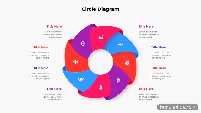 8 Step Process PPT template with 8 items in pink, circle diagram, petal shapes - editable PowerPoint slide