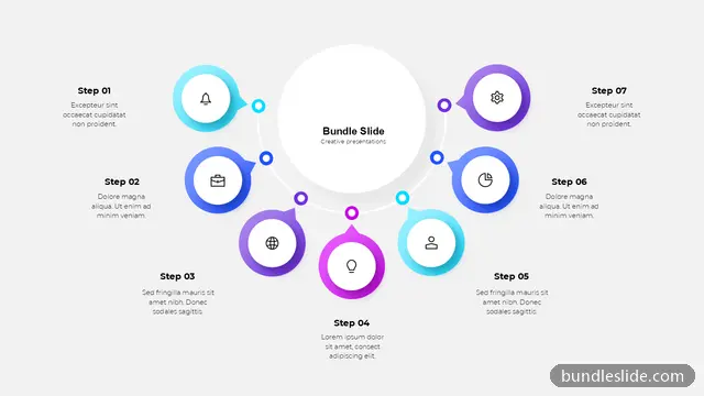 7 Step Process PPT template with 7 items in purple, 7 steps, circular layout - editable PowerPoint slide