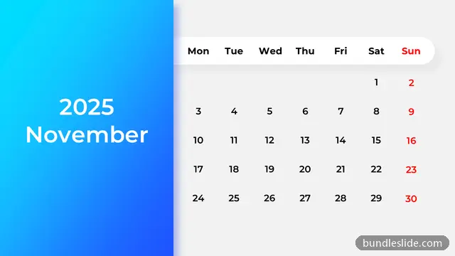 Calendar PPT template with 7 items in blue, calendar, November 2025 - editable PowerPoint slide