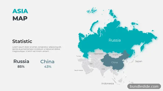 Business Plan PPT template with 2 items in teal, Asia map, geographic data - editable PowerPoint slide