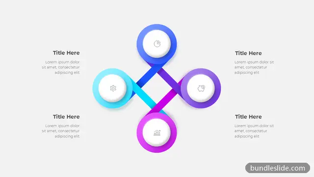 4 Stage Cycle PPT template with 4 items in blue, four circles, interlinked nodes - editable PowerPoint slide