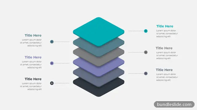 Business Plan PPT template with 6 items in teal, layered diagram, 3D stack - editable PowerPoint slide