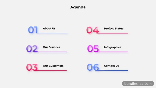 Agenda PPT template with 6 items in blue, agenda, numbered list - editable PowerPoint slide