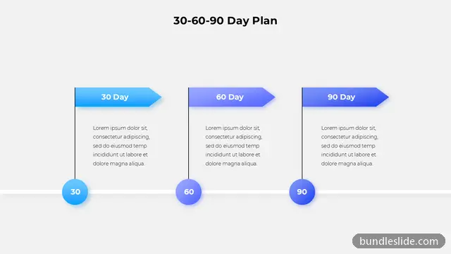 HR PPT template with 3 items in blue, 30-60-90 day plan, timeline - editable PowerPoint slide