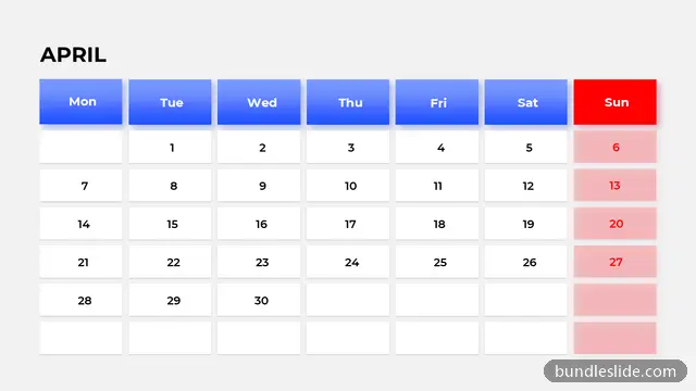 Calendar PPT template with 7 items in blue, April calendar, monthly planner - editable PowerPoint slide