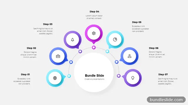 7 Stage Cycle PPT template with 7 items in purple, 7 steps, circular layout - editable PowerPoint slide