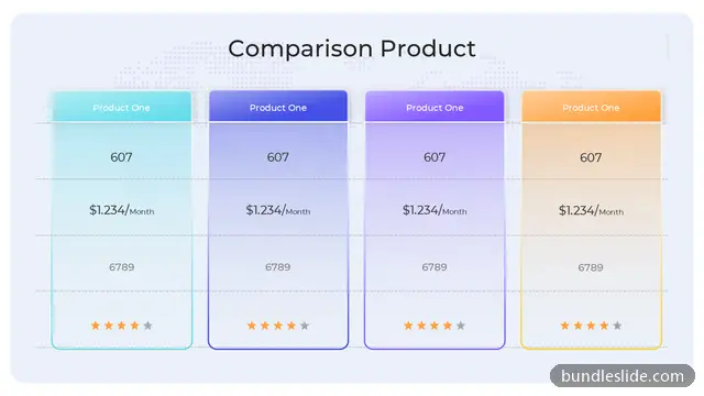 Retail PPT template with 4 items in cyan, product comparison, pricing table - editable PowerPoint slide