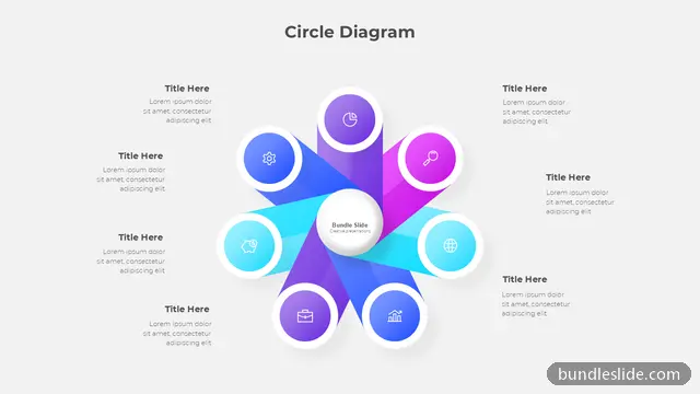 7 Stage Cycle PPT template with 7 items in purple, circle diagram, pinwheel layout - editable PowerPoint slide