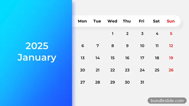 Calendar PPT template with 7 items in blue, calendar, January 2025 - editable PowerPoint slide