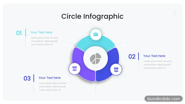 3 Stage Cycle PPT template with 3 items in teal, circle infographic, four segments - editable PowerPoint slide