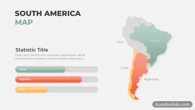 Retail PPT template with 3 items in green, South America map, country highlight - editable PowerPoint slide