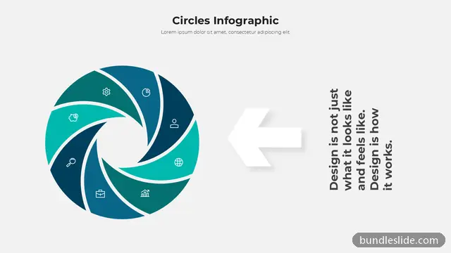 8 Step Process PPT template with 8 items in teal, circular infographic, pinwheel diagram - editable PowerPoint slide