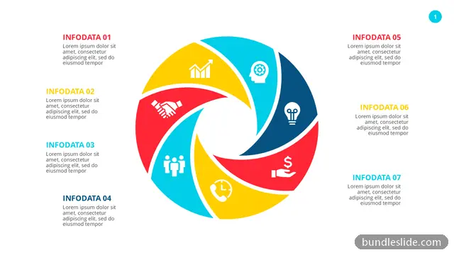 7 Stage Cycle PPT template with 7 items in red, circular diagram, pinwheel - editable PowerPoint slide