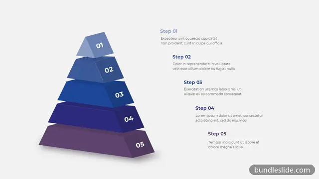 5 Level Pyramid PPT template with 5 items in navy blue, pyramid diagram, 5 steps - editable PowerPoint slide