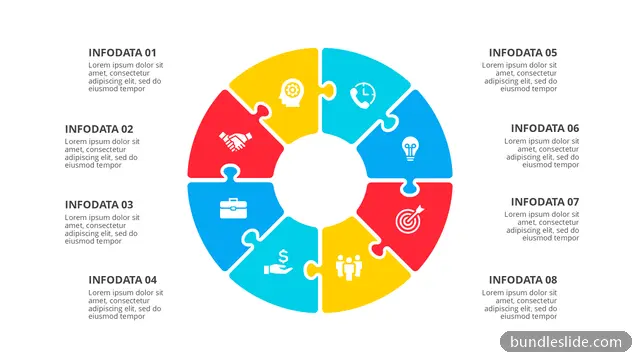 8 Stage Cycle PPT template with 8 items in red, puzzle pieces, circular infographic - editable PowerPoint slide