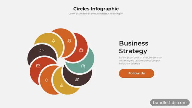 8 Step Process PPT template with 8 items in orange, circles infographic, business strategy - editable PowerPoint slide