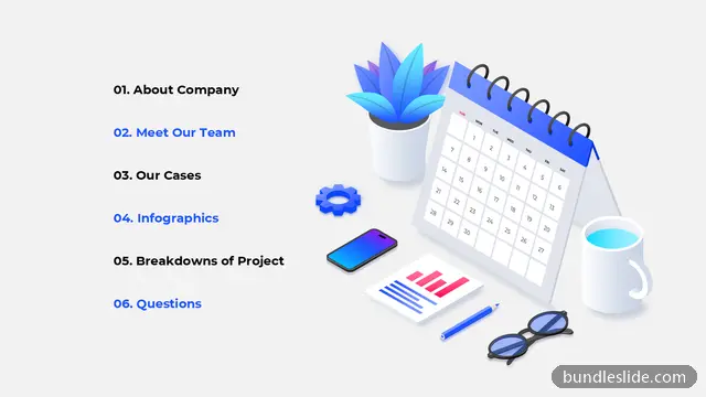 Agenda PPT template with 6 items in blue, agenda, table of contents - editable PowerPoint slide