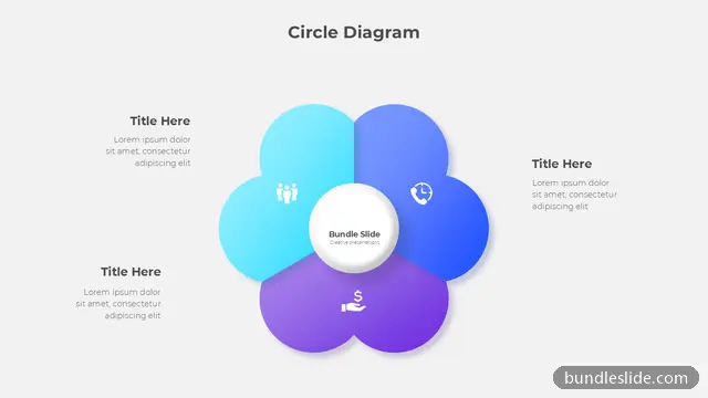 3 Stage Cycle PPT template with 3 items in cyan, flower petal diagram, circular layout - editable PowerPoint slide