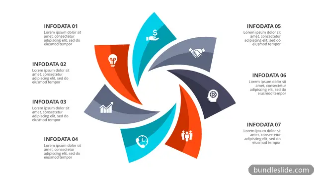 7 Stage Cycle PPT template with 7 items in orange, pinwheel diagram, 7 segments - editable PowerPoint slide