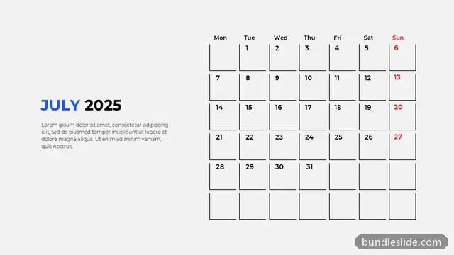 Calendar PPT template with 31 items in light gray, calendar, July 2025 - editable PowerPoint slide