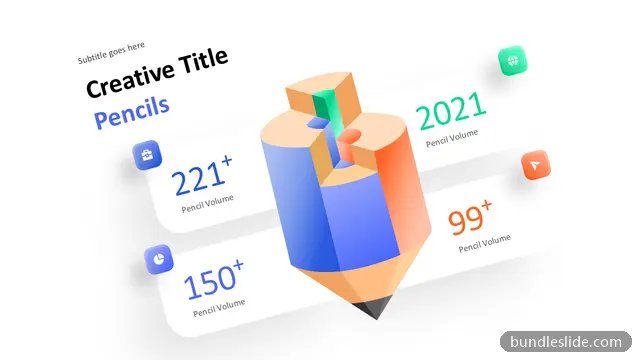 Retail PPT template with 4 items in blue, 3D pencil illustration, statistics - editable PowerPoint slide