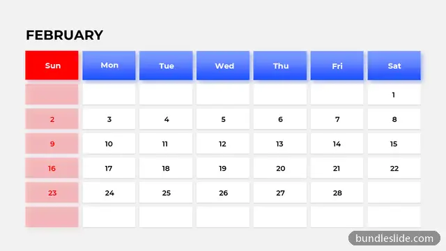 Calendar PPT template with 7 items in red, February calendar, monthly planner - editable PowerPoint slide