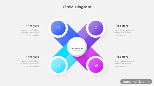 4 Stage Cycle PPT template with 4 items in blue, four points, X shape - editable PowerPoint slide