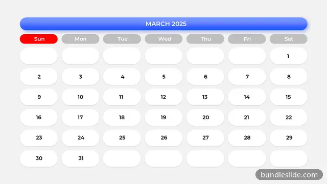 Calendar PPT template with 31 items in blue, calendar, March 2025 - editable PowerPoint slide