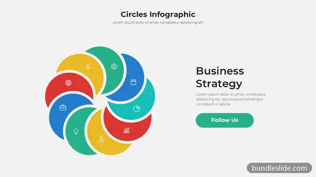 8 Stage Cycle PPT template with 8 items in teal, circular infographic, pinwheel diagram - editable PowerPoint slide