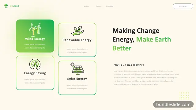 Environment & Ecology PPT template with 4 items in green, renewable energy, wind energy - editable PowerPoint slide