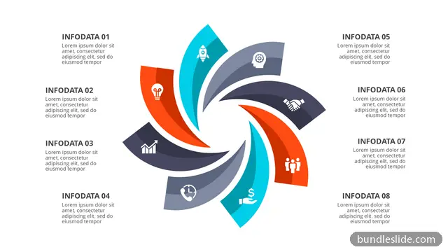 8 Stage Cycle PPT template with 8 items in teal, pinwheel diagram, 8 segments - editable PowerPoint slide
