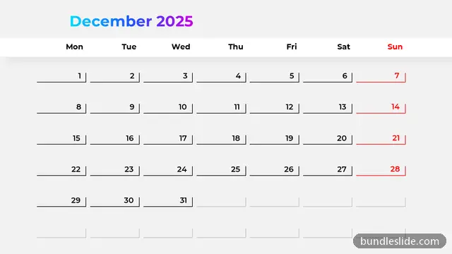 Calendar PPT template with 31 items in white, calendar, December 2025 - editable PowerPoint slide