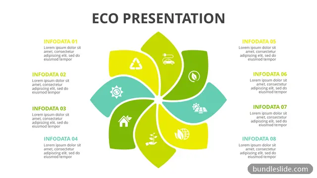 Environment & Ecology PPT template with 8 items in green, eco presentation, flower diagram - editable PowerPoint slide