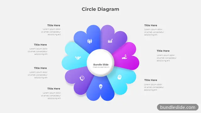 8 Stage Cycle PPT template with 8 items in blue, circle diagram, flower petal layout - editable PowerPoint slide
