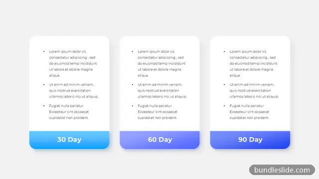 3 Step Roadmap PPT template with 3 items in blue, 30-60-90 day plan, three column layout - editable PowerPoint slide